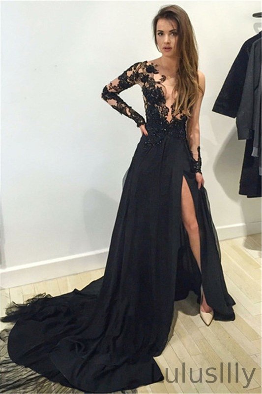 Chic Long Sleeves Black Prom Dress Appliques With Slit - lulusllly