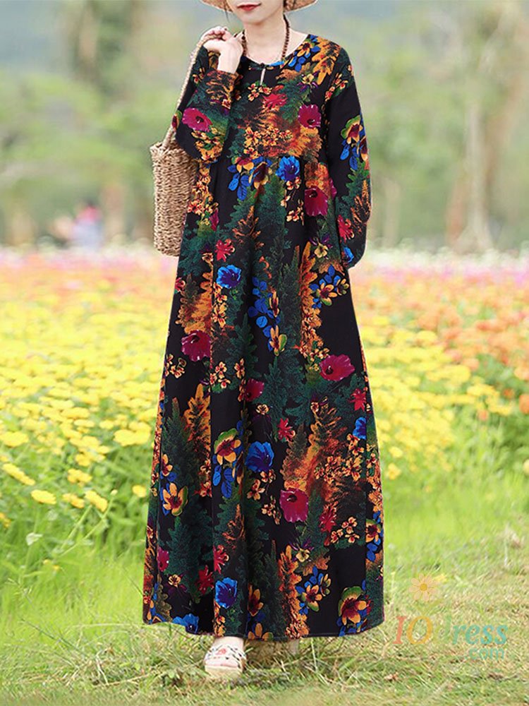 IO Dress Vintage Floral Dress Woman 2025 choice Autumn Bohemian Long Dresses Casual Long Sleeve Maxi Vestidos Loose Robe Femme Oversize