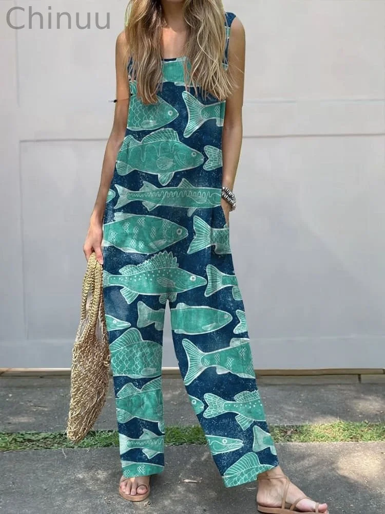 Women's Vintage Lovely Fish Art Print Casual 100% Cotton Wide Leg Jumpsuit