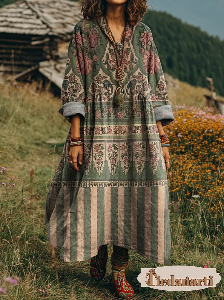 Women's Vintage Floral Art Print V-Neck Long Sleeve Cotton Pocket Dress