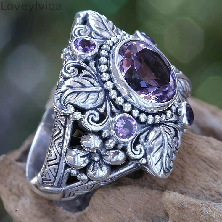 Sterling Silver Meditation Amethyst Crystal Flower Ring