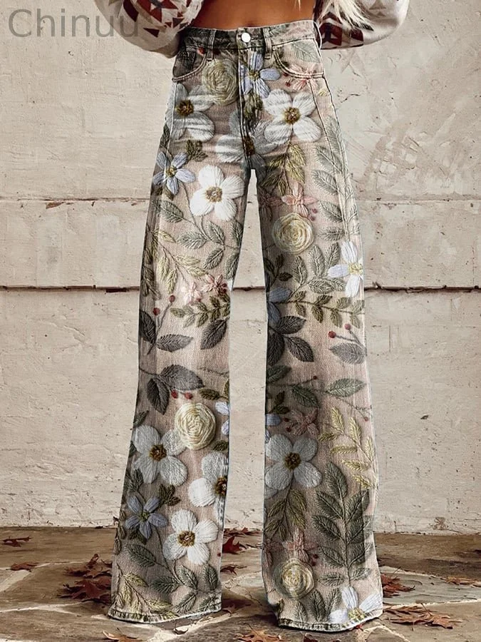 Women's Vintage Botanical Floral Wide Leg Pants