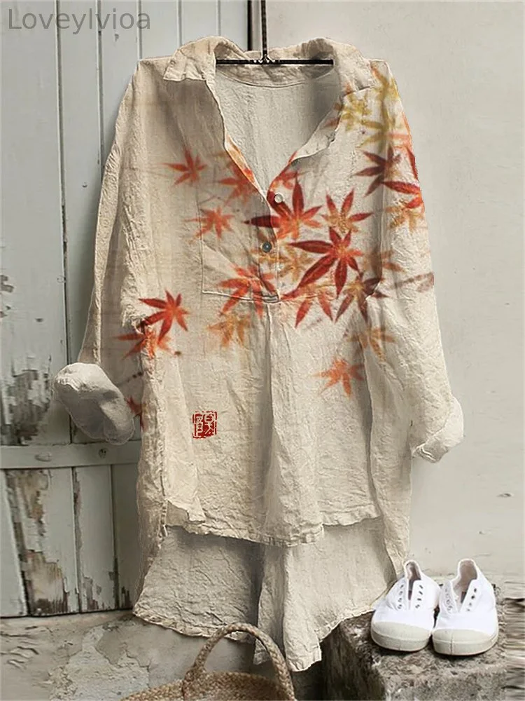Maple Leaves Japanese Art High Low Linen Blend Tunic