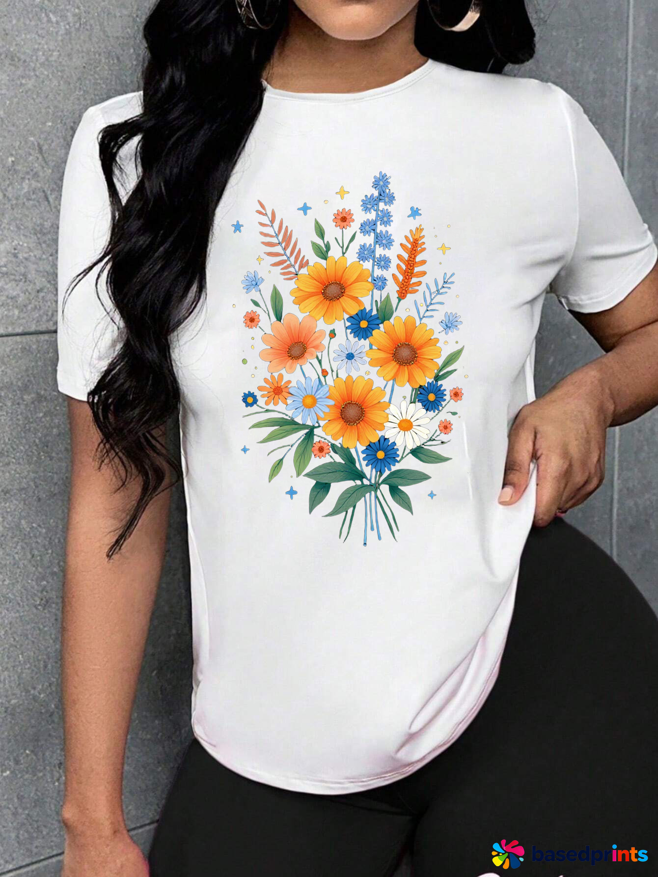 White Short Sleeve T-Shirt with Colorful Floral Print