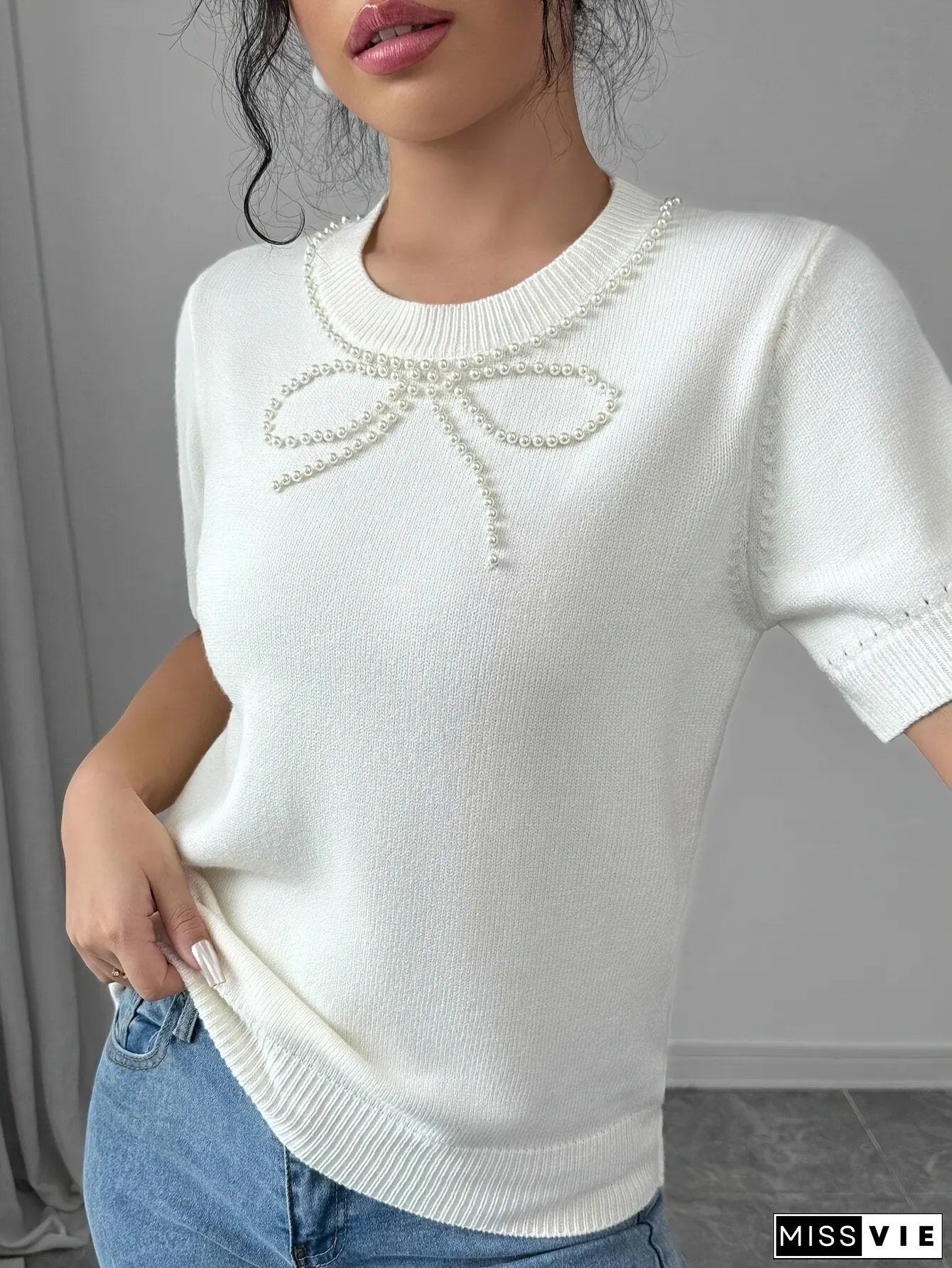 Plus Size Womens Elegant Adorned Bow Round-neck Short Sleeve Blouse Soft A-Line Top