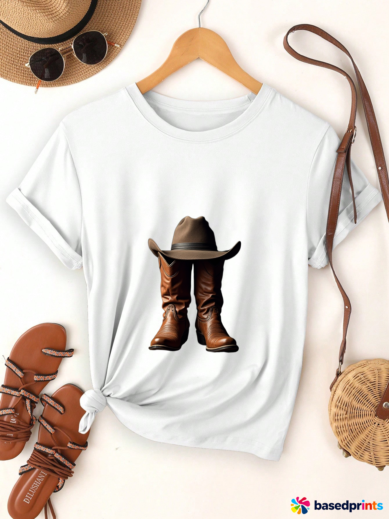 Cowboy Boots and Hat T-Shirt Cotton Casual Tee