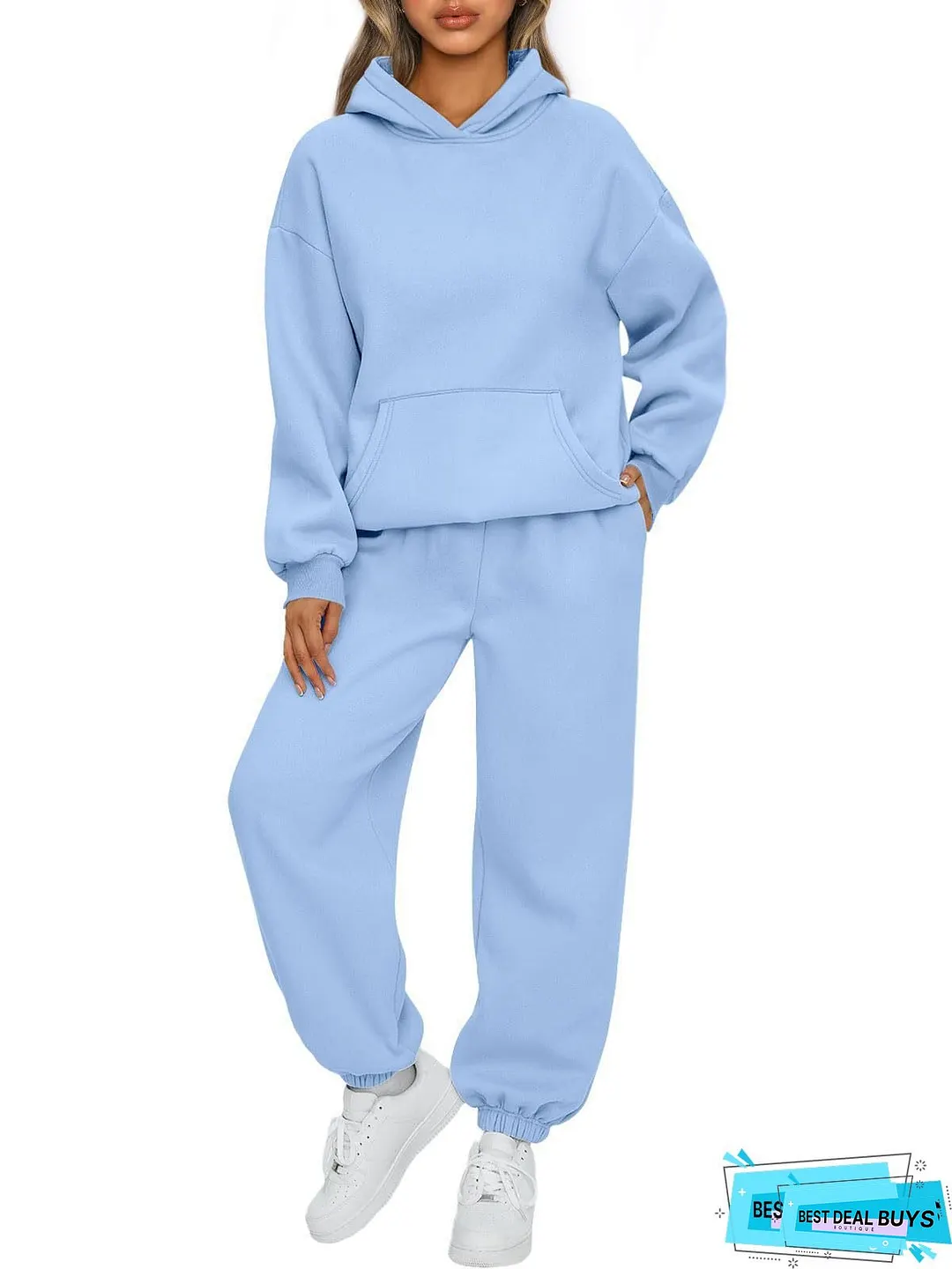 Womens Cozy Fleece Hoodie Jogger Set Black with White Leaf Print Long Sleeve Pullover
