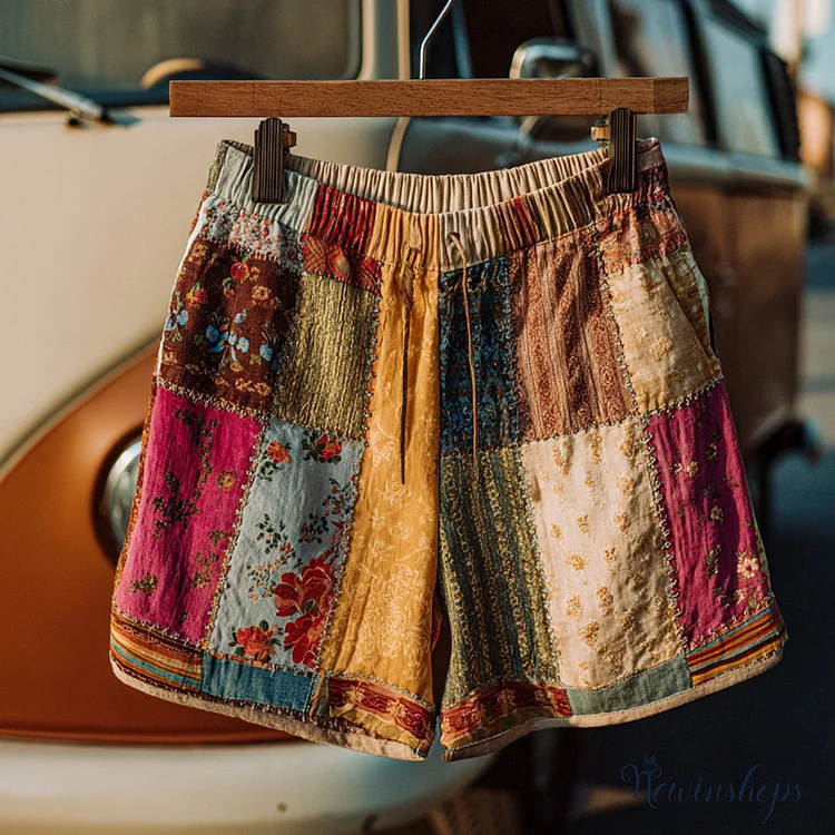 Countryside Style Collection Classy Patchwork Floral Pattern Art Linen Shorts