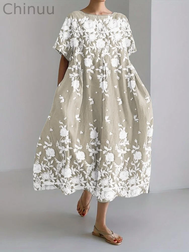 Classy Roses Floral Lace Linen Blend Maxi Dress