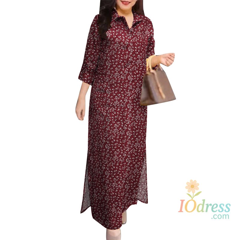 IO Dress ZANZEA Women Side Slit Vestidos 3/4 Sleeve Turn-down Collar Casual Floral Printed Maxi Dress Autumn Daily Commute Shirtdress IO Dress