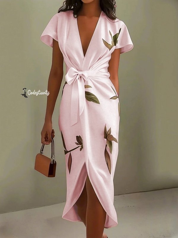 V-neck Printed Lace-up Midi Dress