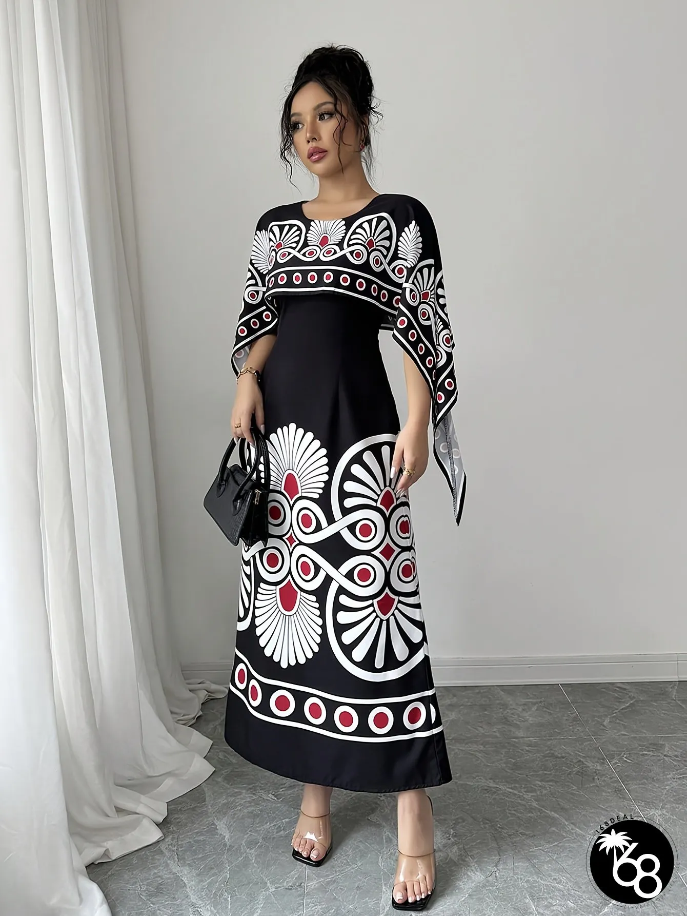 Womens Bohemian Floral V-Neck Long Sleeve Midi Dress Lightweight Polyester Geometric | 168DEAL