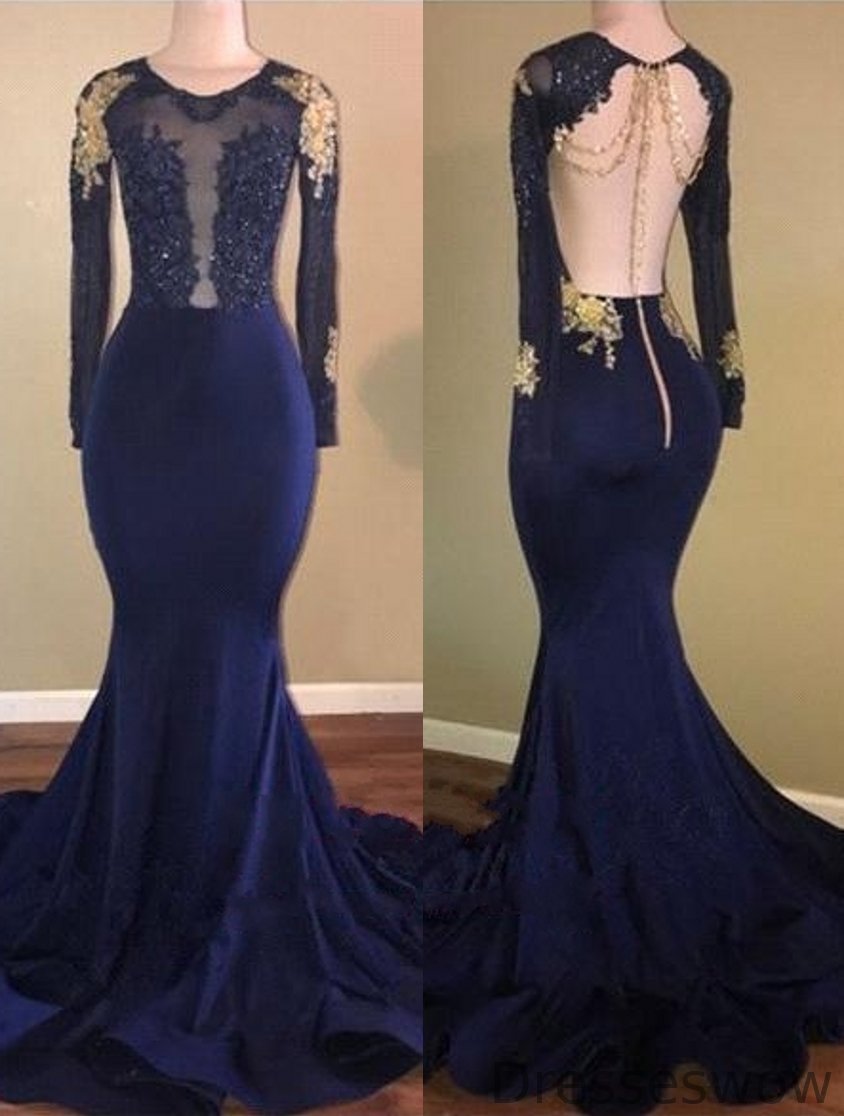 Dresseswow Navy Blue Long Sleeves Mermaid Prom Dress With Lace Appliques