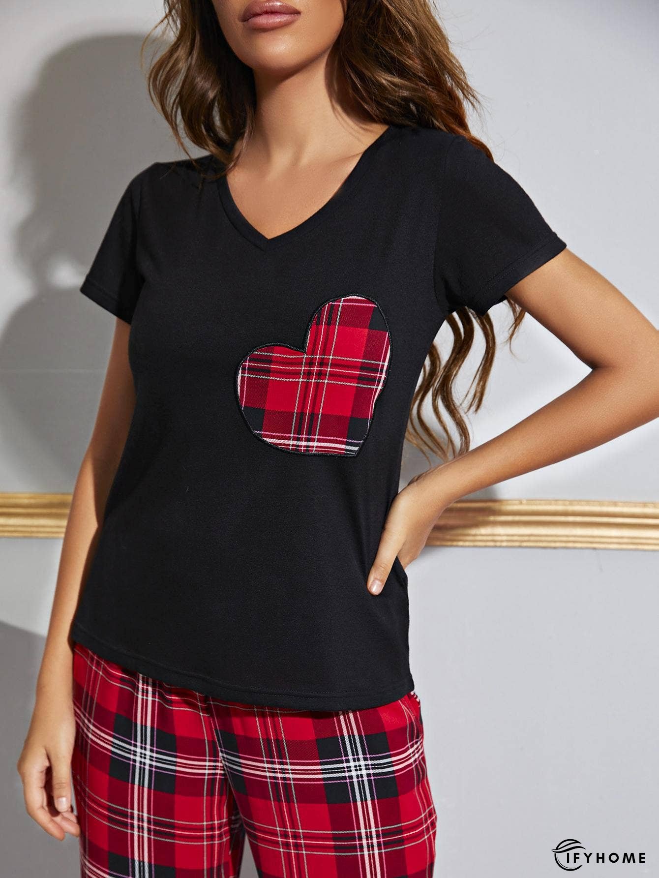 Heart Graphic V-Neck Top and Plaid Pants Lounge Set | IFYHOME
