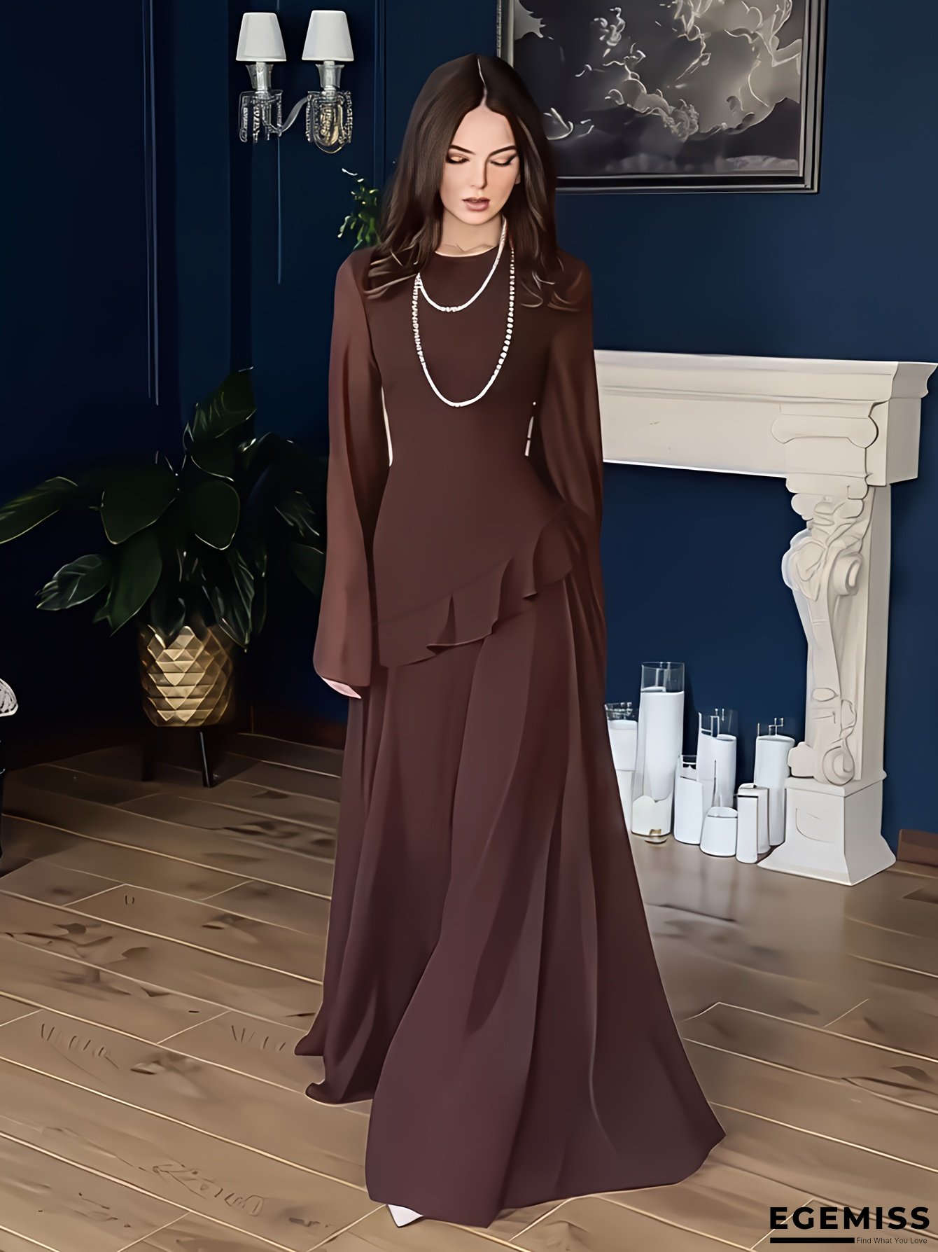 [Elegant Maxi Evening Dress] Elegant Long Sleeve Maxi Dress - Middle Eastern-Inspired Tiered Flared Skirt with Back Tie Closure | Solid Color Loose Fit Formal Evening Gown for Weddings, Galas, All-Season Wear | EGEMISS
