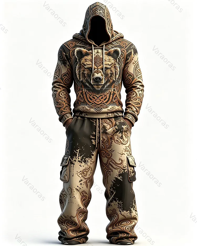 Men's Fashion Viking Contrast Color Bear Embroidered Hoodie & Pants Two-Piece Set 6278