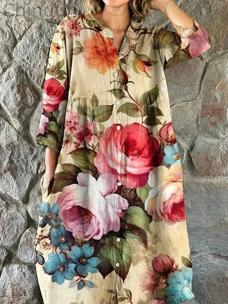 Women's  Floral Art Print Elegant Simple  Cotton Shirt Dress
