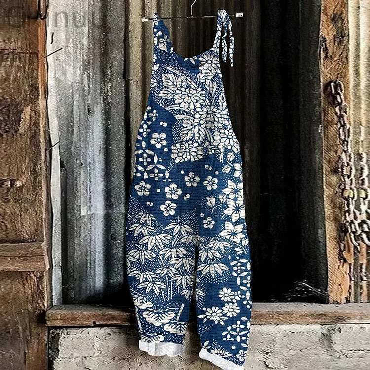Vintage Japanese Art Flower Print Loose Jumpsuit