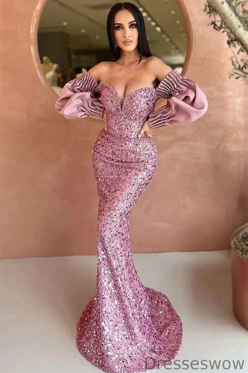 Dresseswow Long Sleeves Sequins Mermaid Evening Dress Off-the-Shoulder