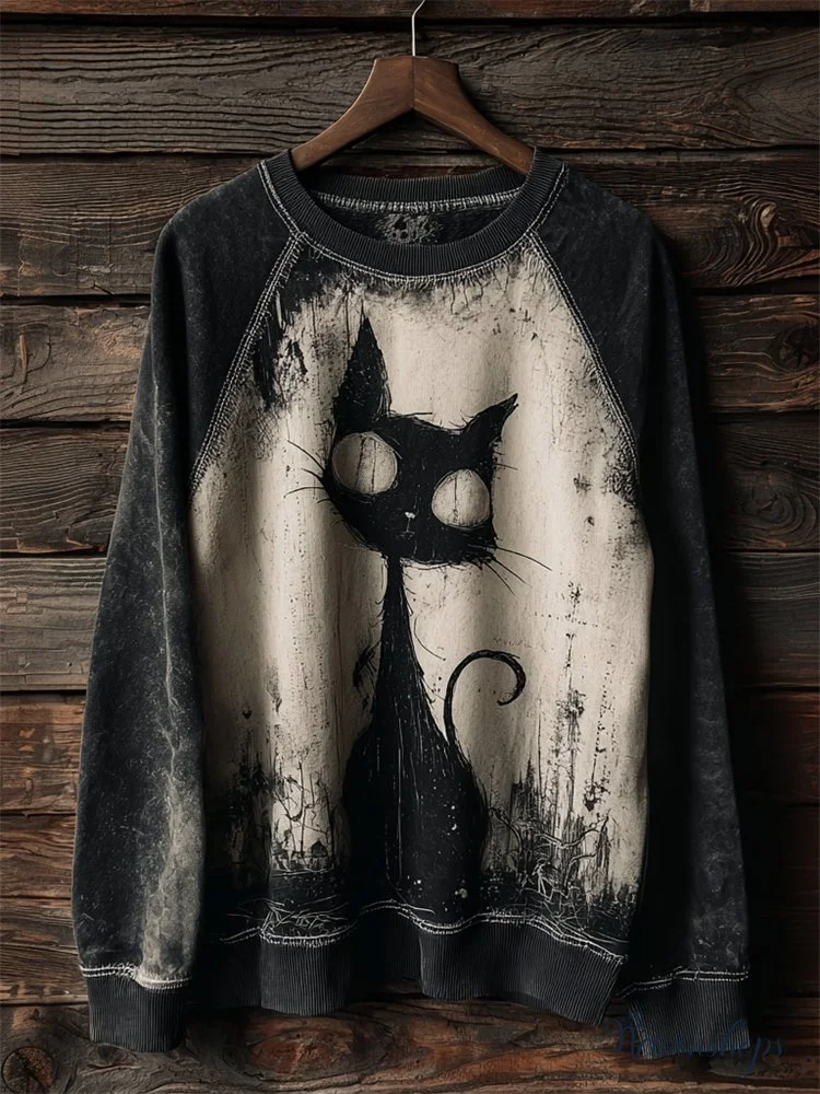 Halloween Gothic Black Cat Art Washed Raglan Sweatshirt