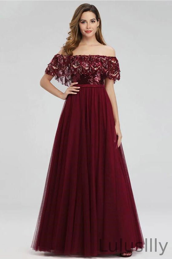 Burgundy Off-the-Shoulder Sequins Prom Dress Long Evening Gowns With Tassels - lulusllly