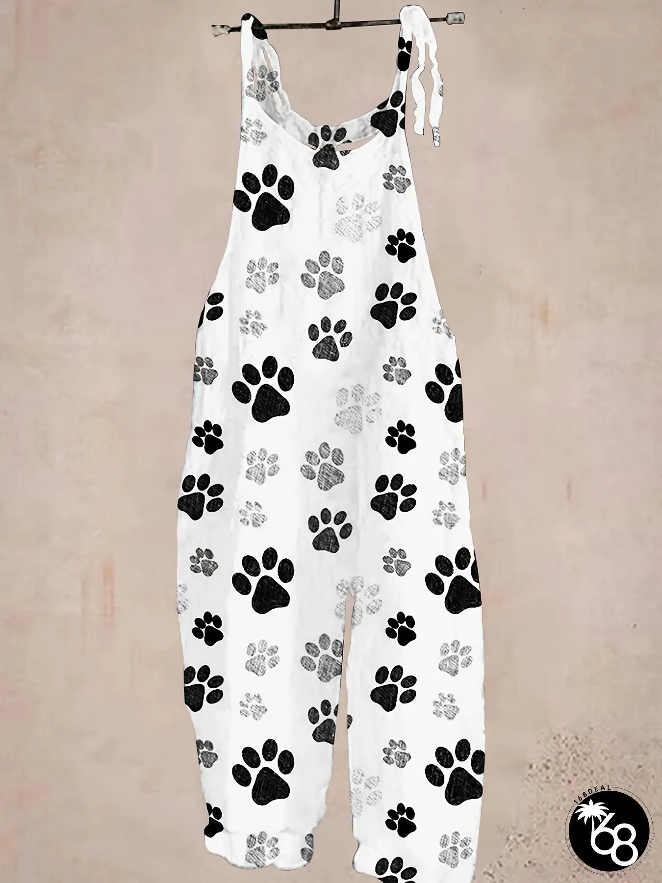 Plus Size Womens Stretchy Animal Print Jumpsuit in Black & White Paw Bone Pattern | 168DEAL