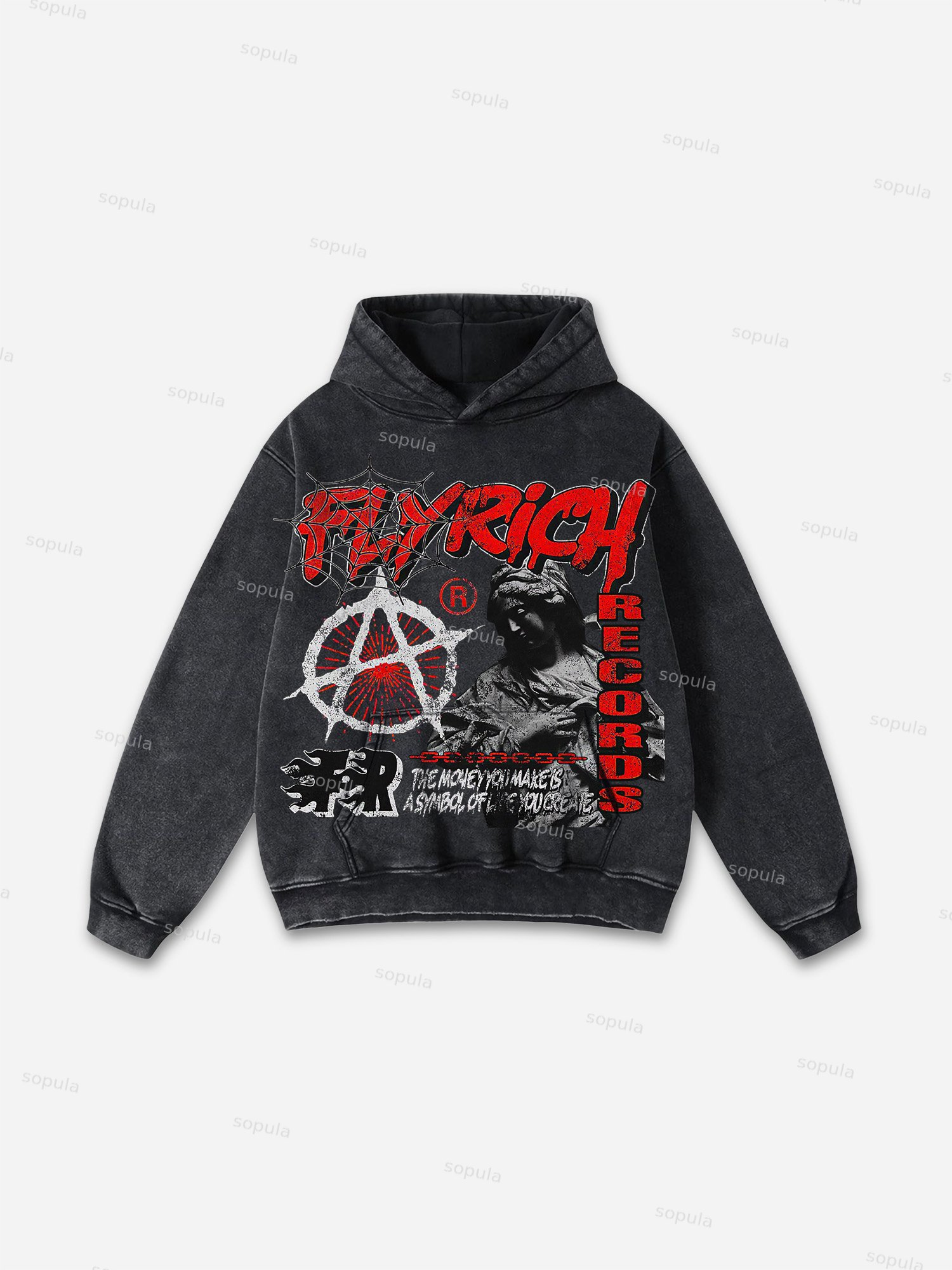 Sopula Retro Fly Rich 2019 Graphic Print Acid Wash Pullover Hoodie