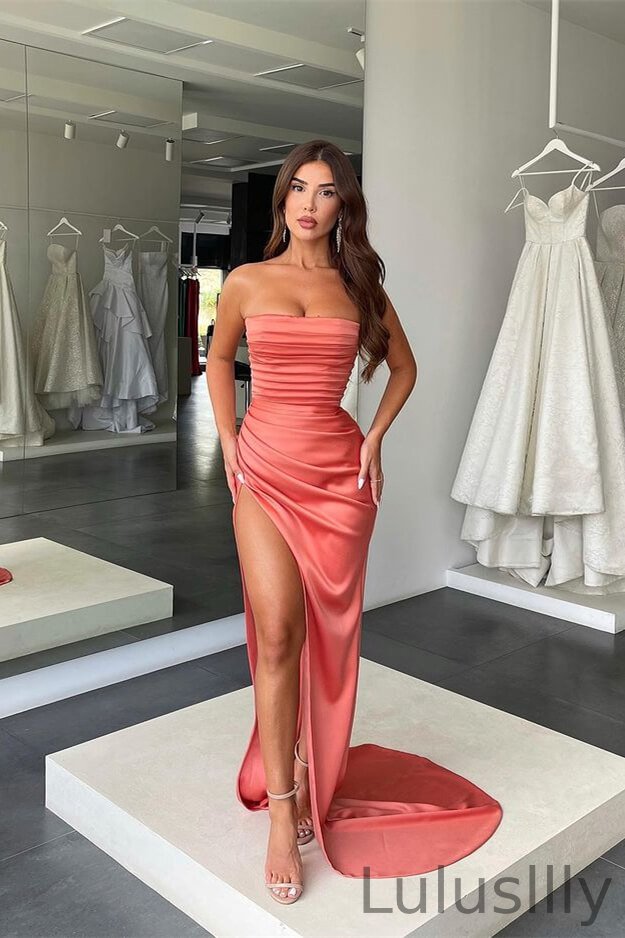 Elegant Coral Strapless Mermaid Evening Dress Mermaid Long Split With Pleats - lulusllly