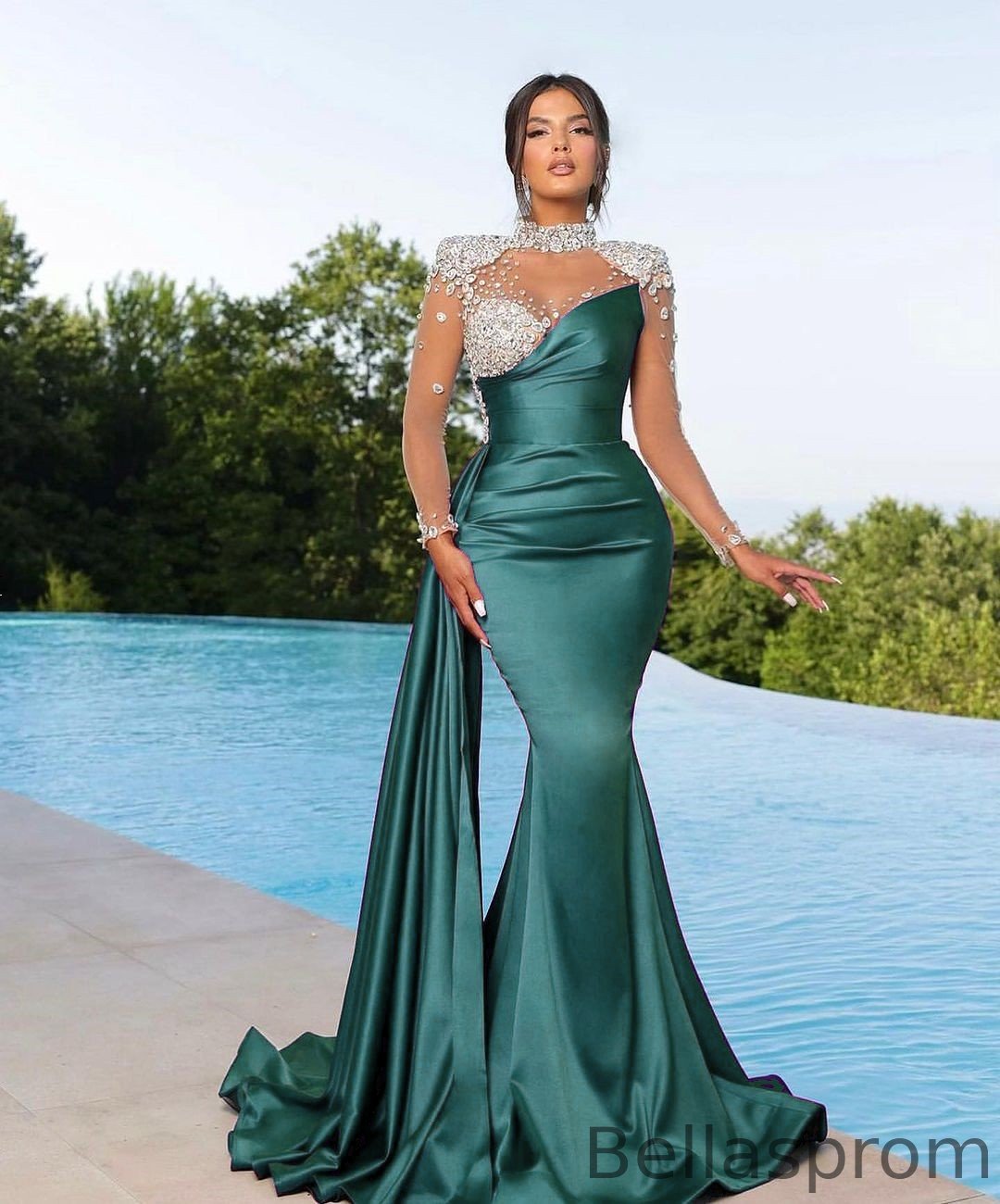 Bellasprom High Neck Long Sleeves Prom Dress Mermaid With Crystals Ruffle Bellasprom