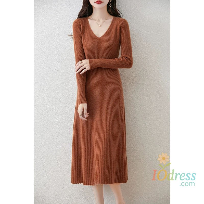 IO Dress Solid Color Basic Sweater Dresses Women Casual All-Match V-Neck Long Sleeves Knitted Dress Lady Soft Fit-Flare A-Line Long Dress