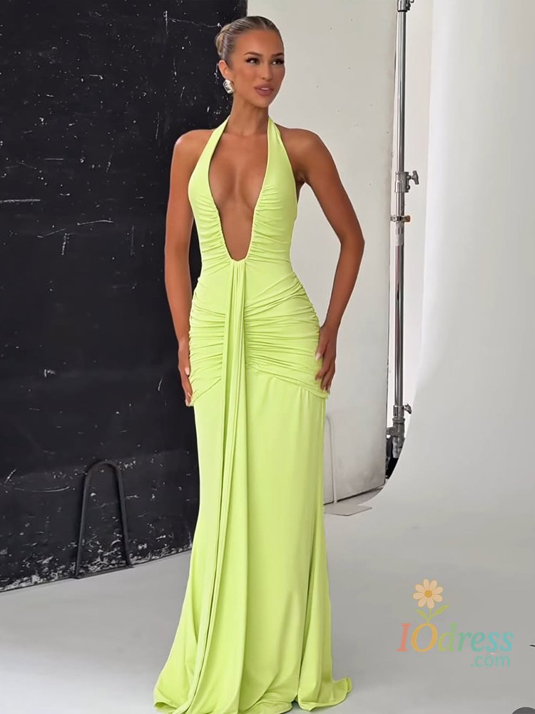 IO Dress kliou Shirring Halter Women Maxi Dress Classic Solid Low Neck Backless Ribbons Sheath Long Robe Female Simple Elegant Vestidos