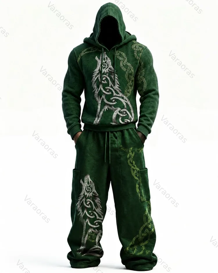 Men's Fashion Contrast Colo Wolf Embroidered Hoodie & Pants Two-Piece Set 4097