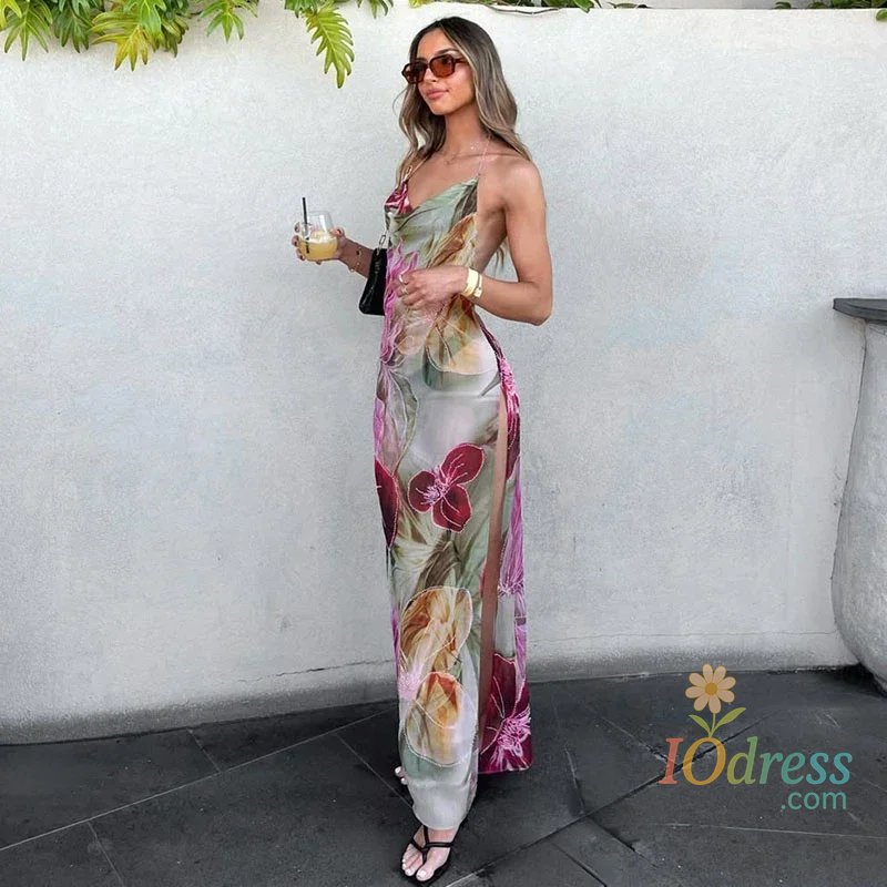 IO Dress Sexy Printed V-neck Halter Long Dresses Women Retro Sleeveless Backless Side Slit Beach Dress Female Fashion High Street Holiday IO Dress