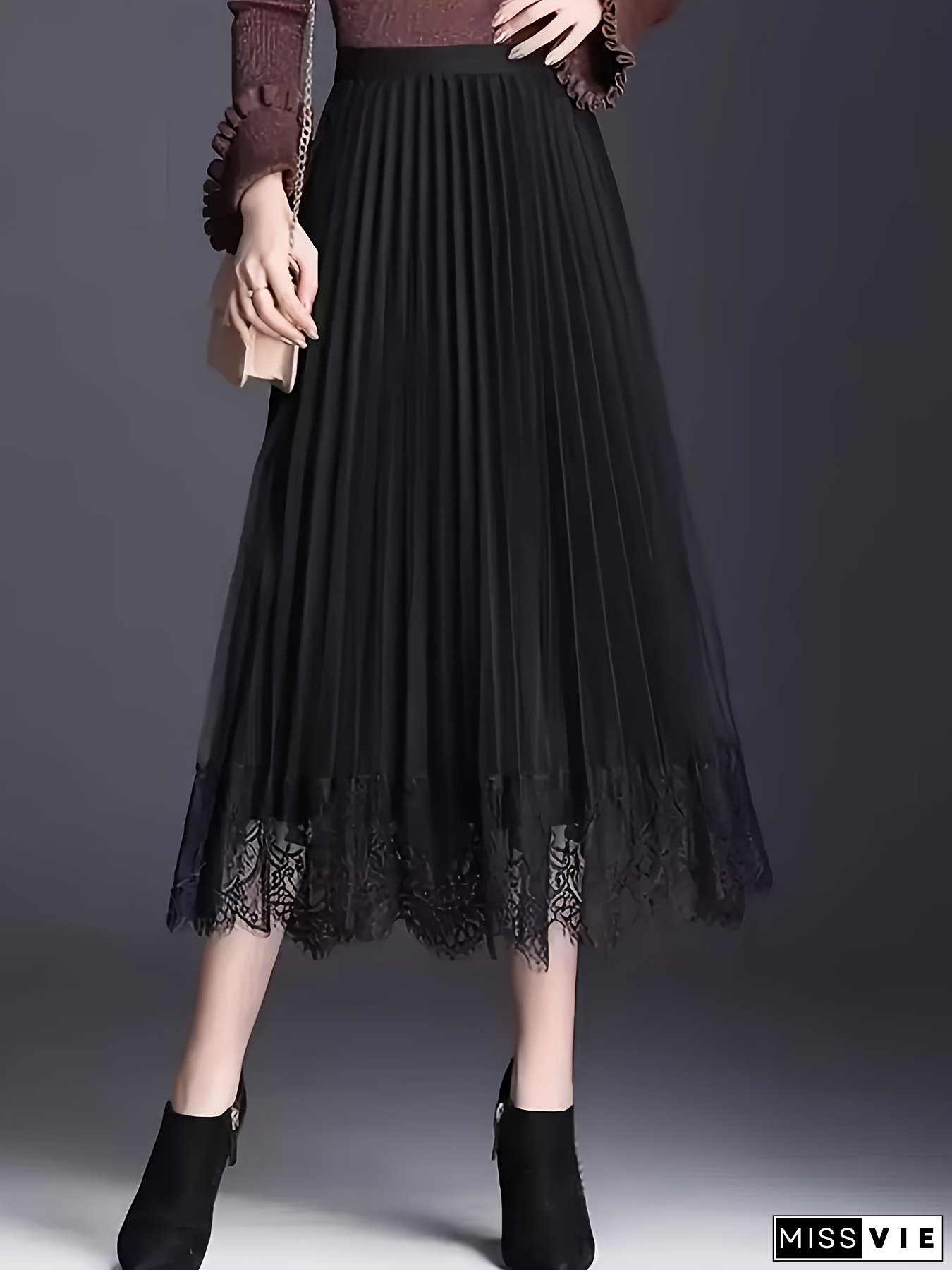[Summer Pleated Mesh Skirt] Reversible Summer Skirt - Elegant Pleated Long Mesh Skirt - Polyester, Solid Color with Contrast Lace Detail, 235gsm Woven Fabric, Mid-Length Slimming