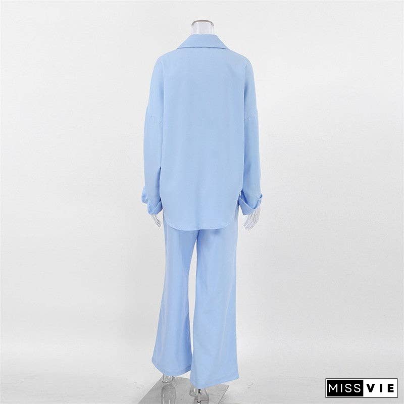 Casual Solid Color Shirt and Pants Ensemble