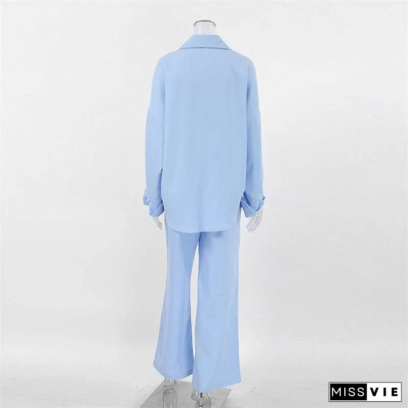 Casual Solid Color Shirt and Pants Ensemble
