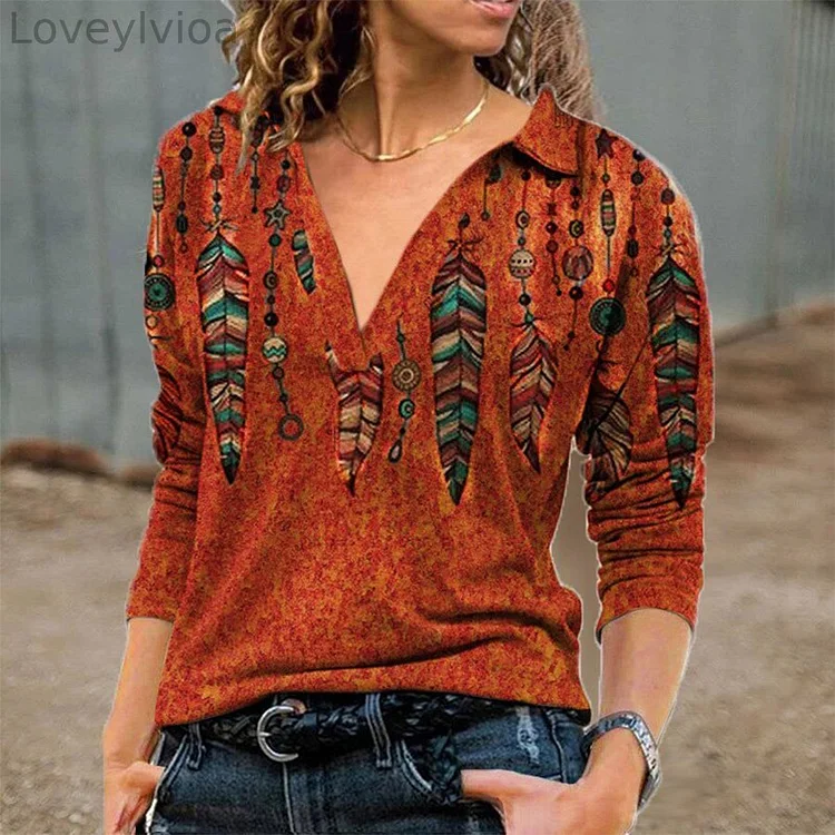 Ladies Retro Ethnic Western Printed Long Sleeve Top