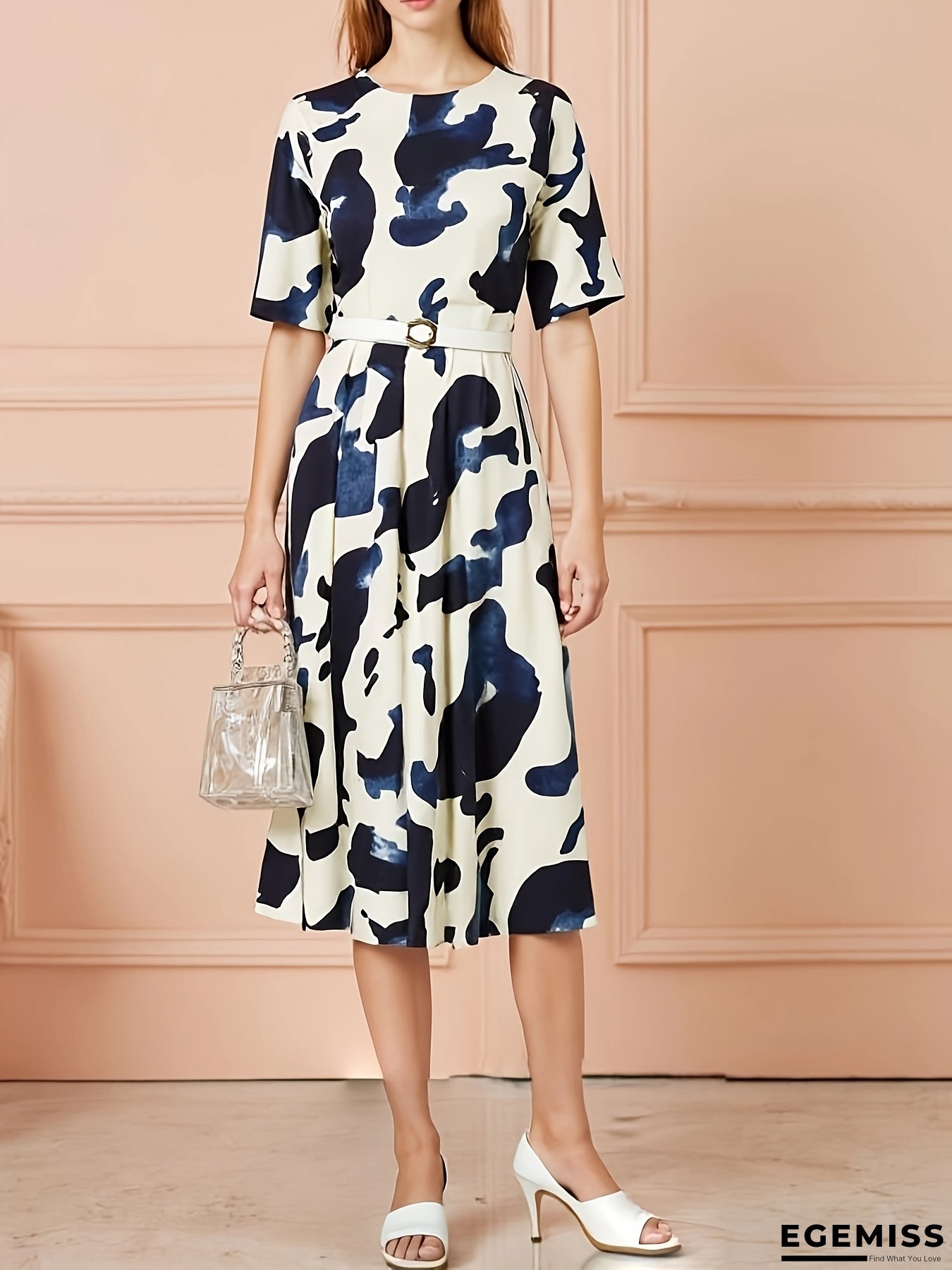 Women's Elegant Office To Party Dress - Non-Stretch A-Line Formal Attire With Waist Definition, Black And White Floral-Like Print For Year-Round Events - Women's Formal Outfit, Office Dress, Evening Wear, Structured Fit, Professional Women | EGEMISS