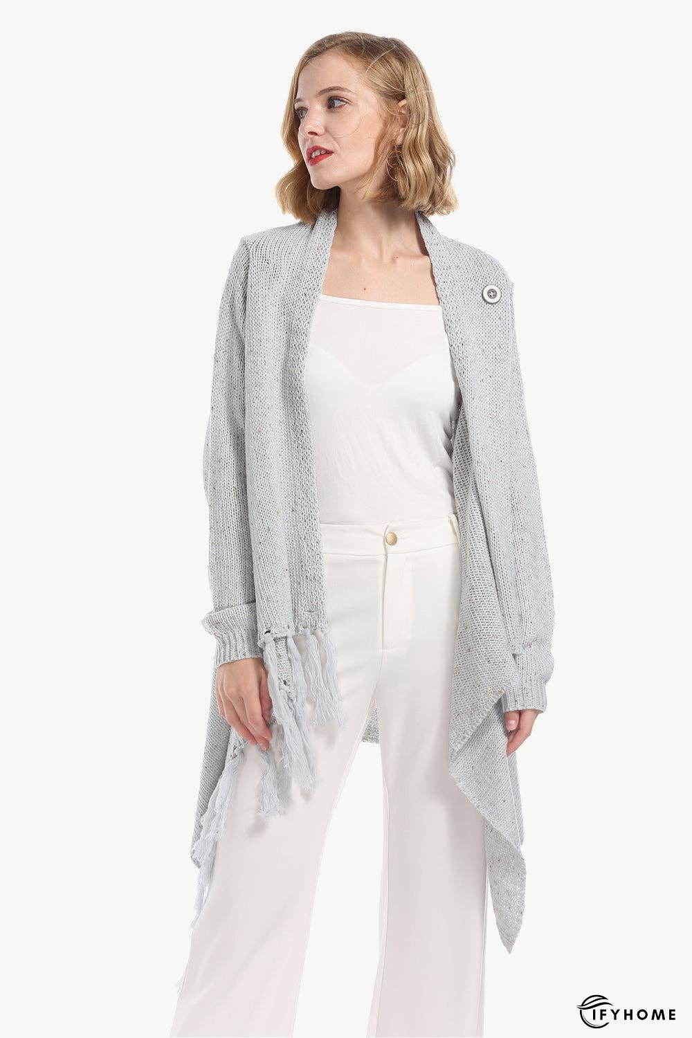 One-Button Tassel Tie Asymmetrical Hem Cardigan | IFYHOME