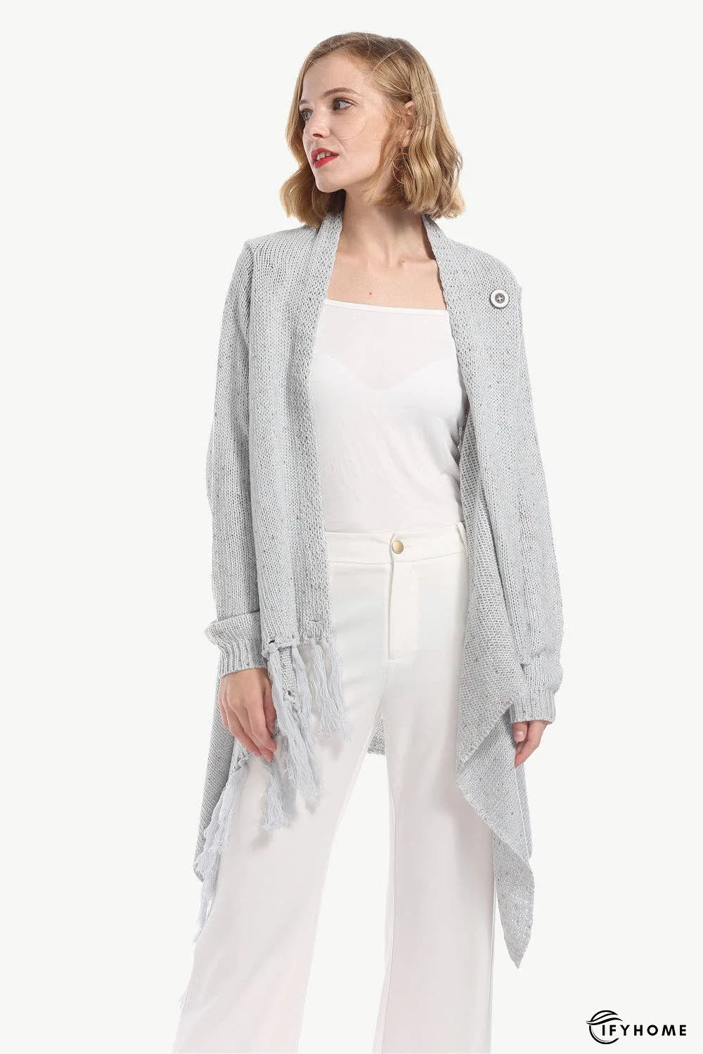 One-Button Tassel Tie Asymmetrical Hem Cardigan | IFYHOME