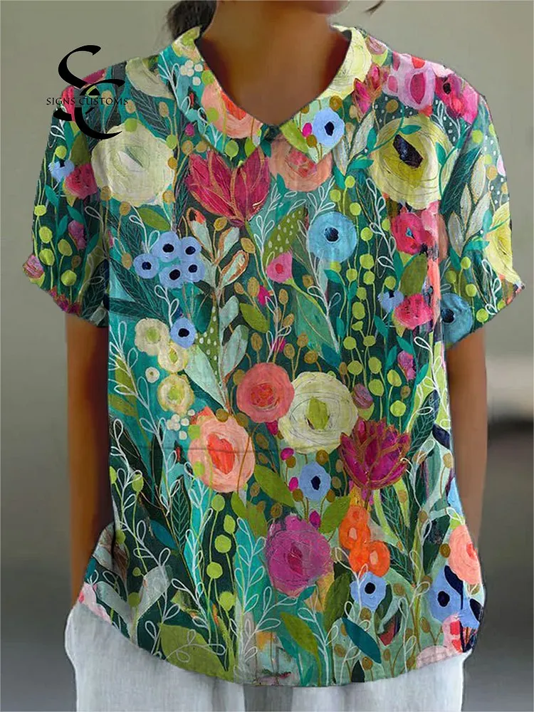 Women's Vintage Flower Print Casual Cotton And Linen Shirt