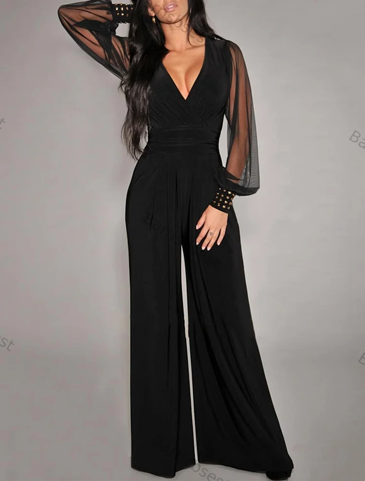 Women's Jumpsuit High Waist Mesh Solid Color V Neck Elegant Party Wide Leg Slim Long Sleeve Black
