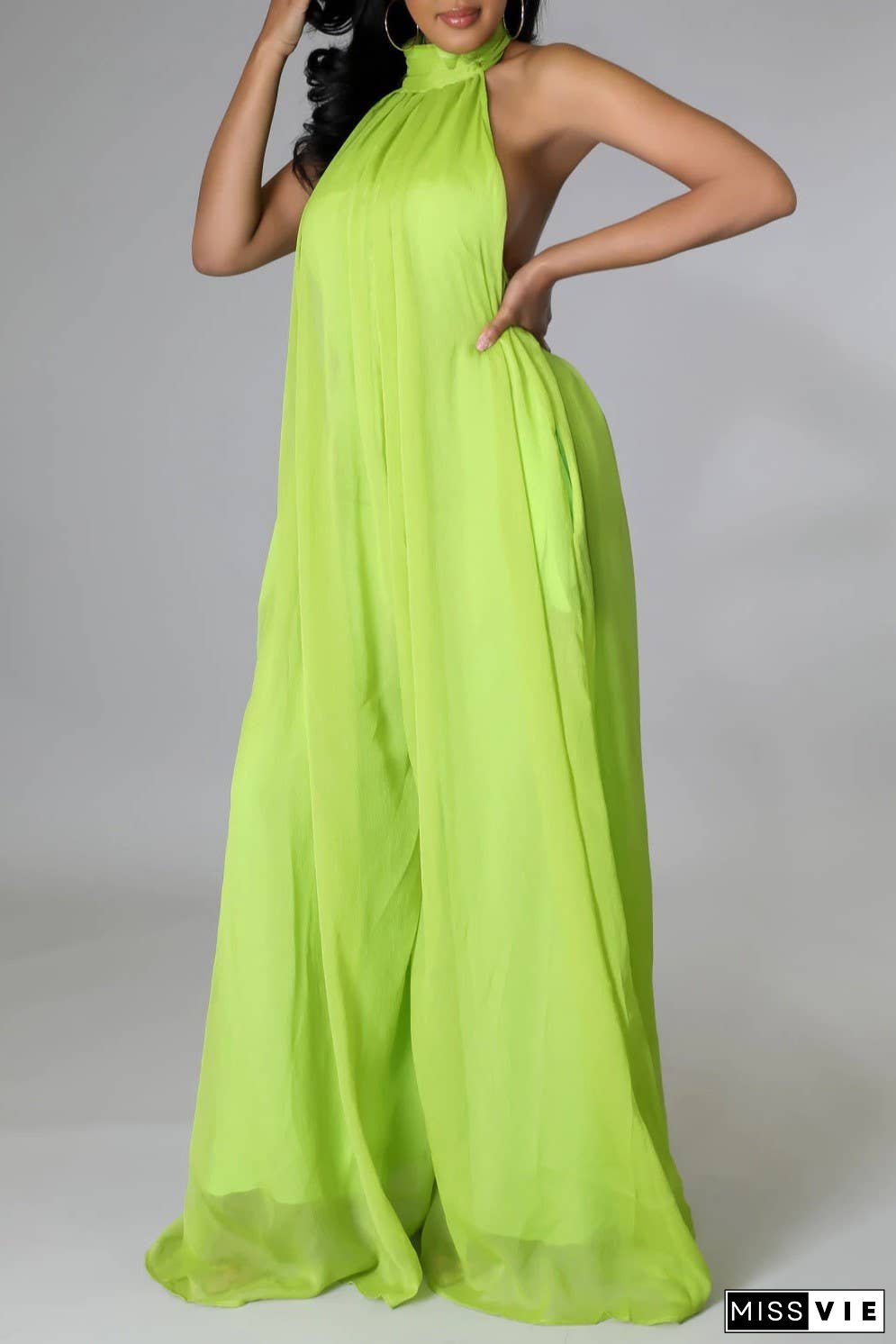 SS/24 chiffon halter backless pleated wide leg jumpsuit