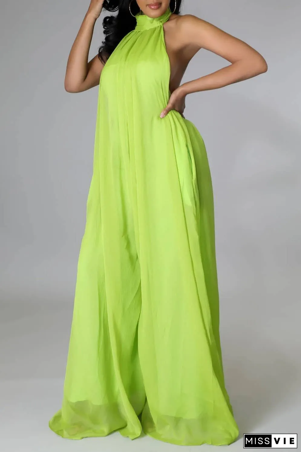 SS/24 chiffon halter backless pleated wide leg jumpsuit