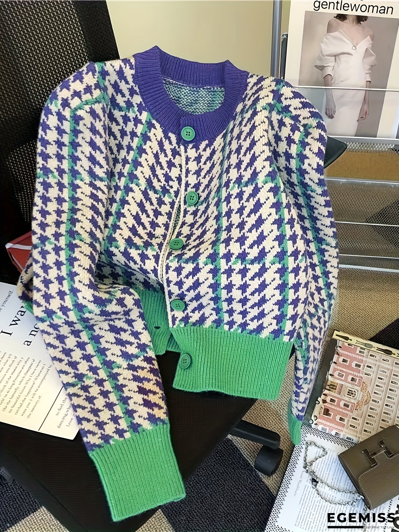 Women&lsquo;s Elegant Houndstooth & Green Cardigan - Stretchy Crew Neck Short Length with Button Front, Long Sleeves, Perfect for Fall/Winter, Stylish Layering Piece, Autumn Winter Wear | Houndstooth Pattern | Stretchy Fabric | EGEMISS