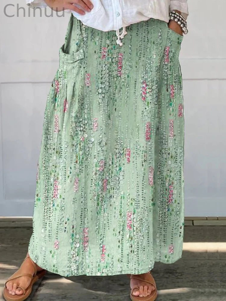 Mint Green Floral Printed Linen Pocket Half Skirt