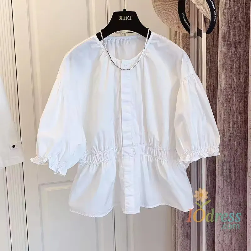 IO Dress Korean Pleated Bubble Sleeve Shirt Women's Loose Doll Top 2025 New Round Neck Short Sleeve Blouse Commute Pure Coat IO Dress
