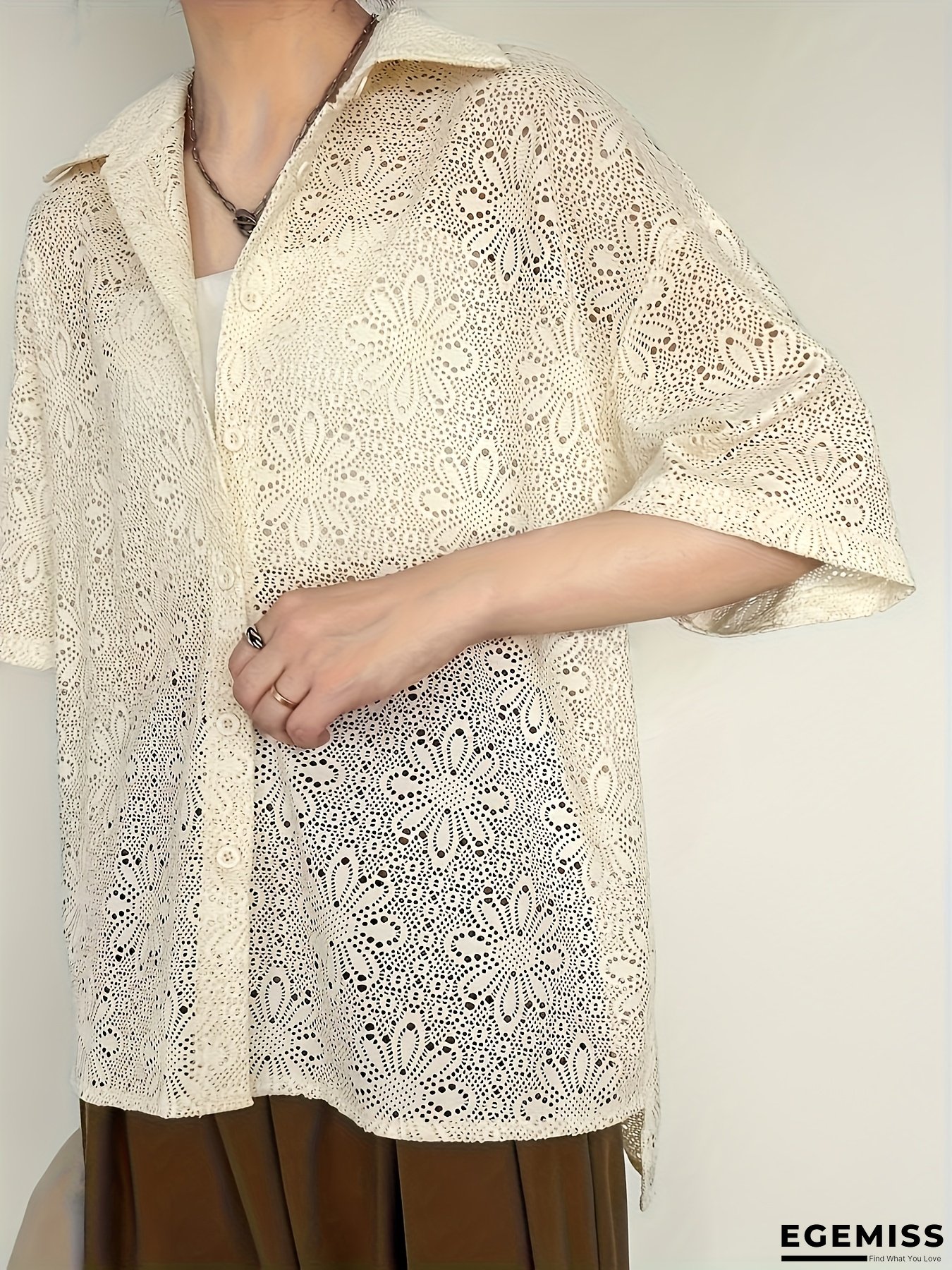 Women's Summer V-Neck Floral Lace Blouse - Casual Single-Breasted Shoulder Top With Eyelet Details, Lightweight Breathable Fabric For Beach Vacations & Casual Outings, Beach Vacation Shirt, Vacation Outfit, Elegant Design, Elegant Craftsmanship | EGEMISS