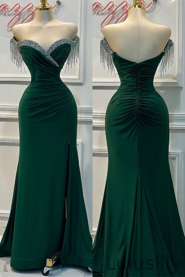 Classic Dark Green Sweetheart Sleeveless Mermaid Evening Gowns With Split Beads Tassels - lulusllly