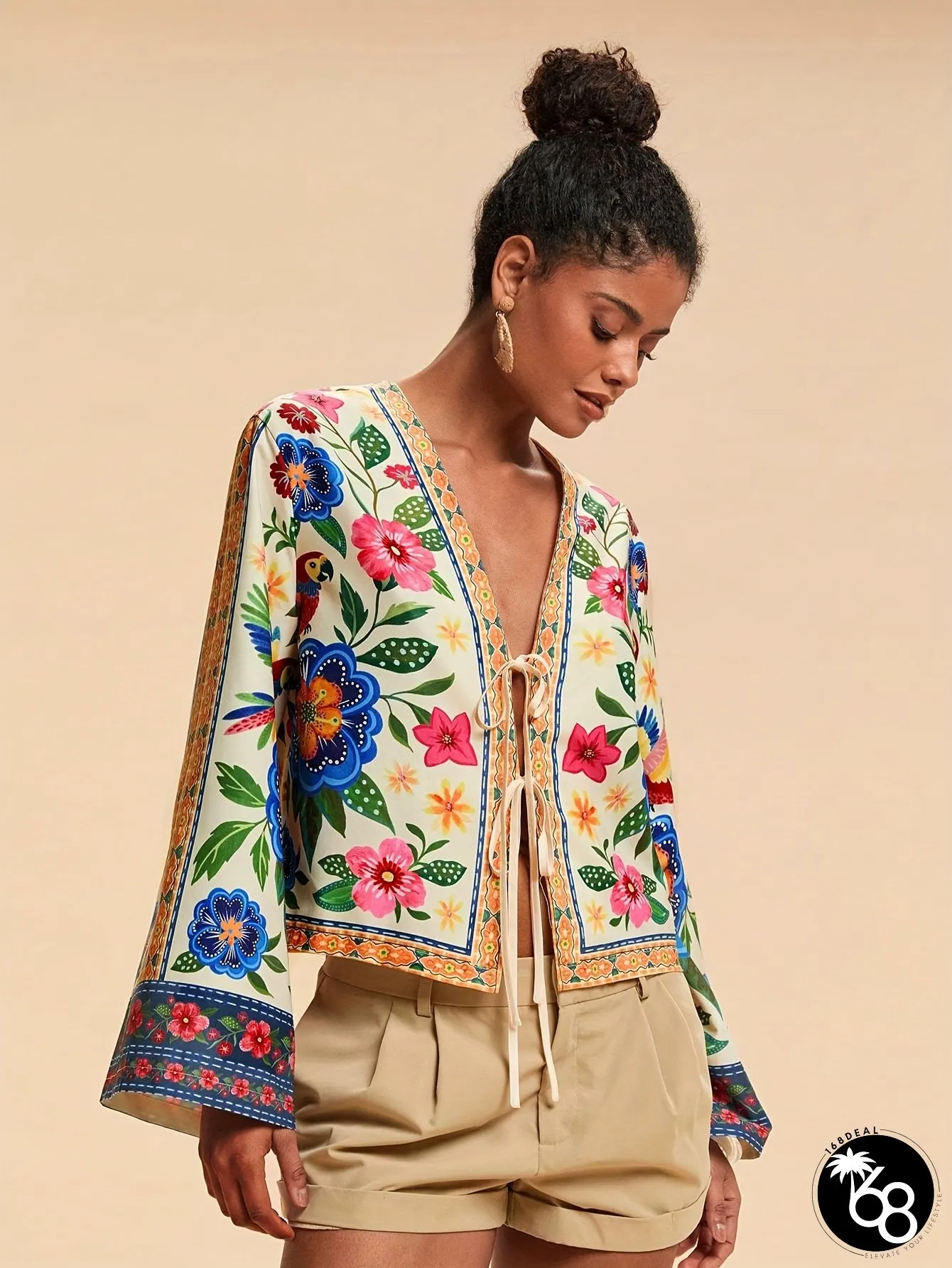 Bohemian Floral Print Blouse with Puffed Sleeves Tie-Front Detail Loose Fit Short Sleeve | 168DEAL